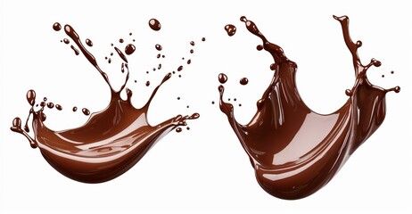 Two splashes of liquid chocolate with scattered droplets, isolated on white background