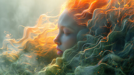 Woman with fiery hair amidst a misty, ethereal backdrop.
