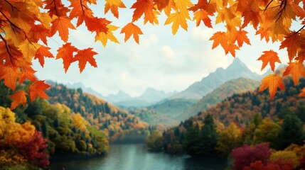 Obraz premium Scenic view of autumn foliage around a serene lake and distant mountains.