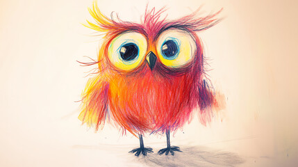 Fototapeta premium Simple crayon drawing of a silly owl with big, round eyes and fluffy feathers, drawn with bright, playful colors and imperfect, childlike lines