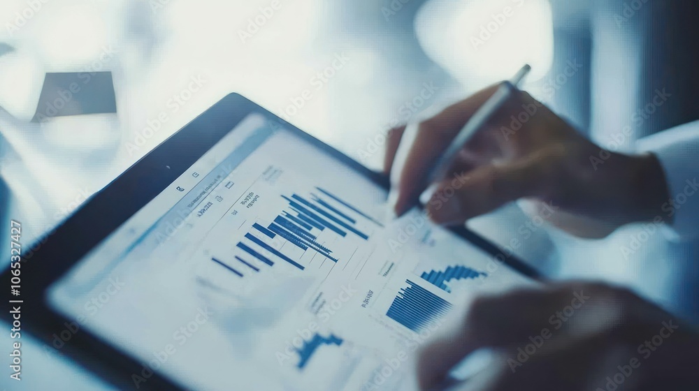 Poster data analysis on tablet with graphs and charts