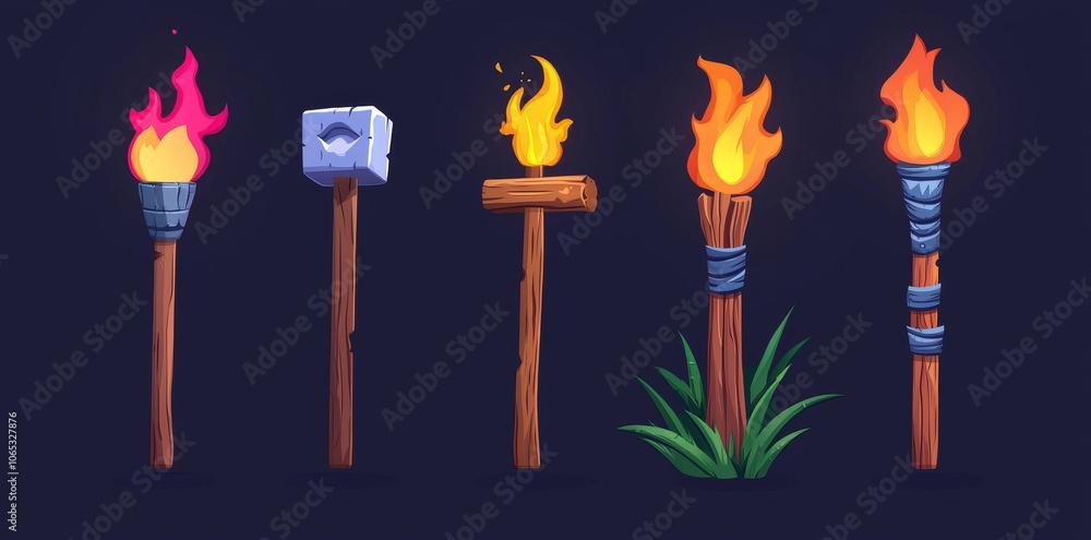 Poster torch with wooden handle and fire flame with glow and smoke. game ui asset of an ancient torchlight 