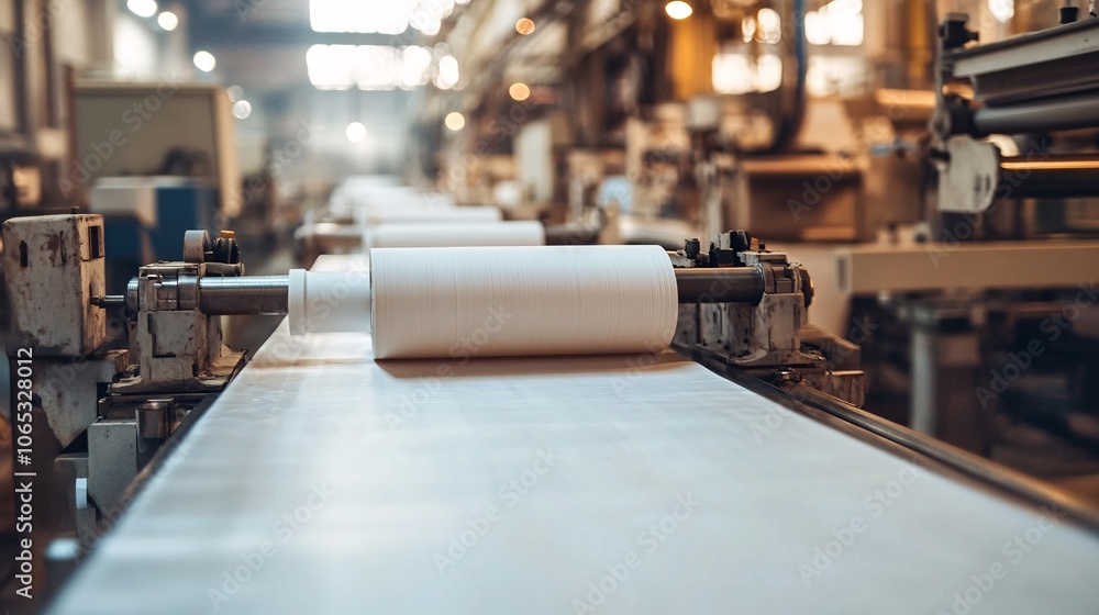 Poster a production line with rolls of material moving along a conveyor in a factory setting, showcasing in
