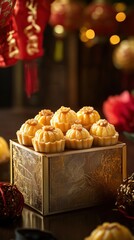 Festive chinese new year celebration with buttery pineapple tarts in elegant golden box