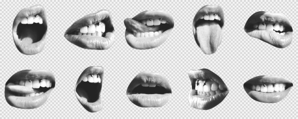 aContemporary art collage with female open mouth. Female halftone lips with tongue and piercing.Trendy vector pieces. Creative collage for social media, card, print on clothes.
