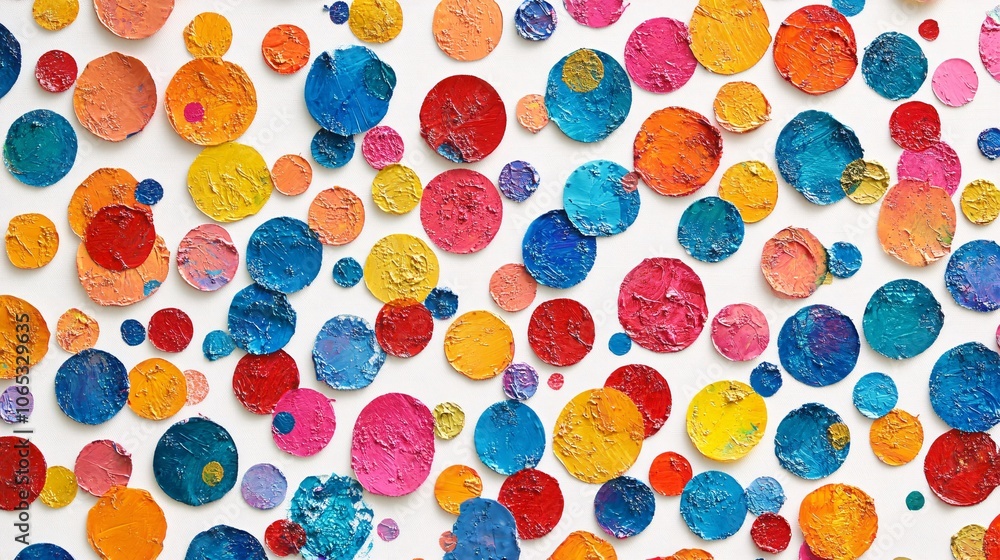 Poster a vibrant pattern of colorful, textured circles arranged on a white background, creating a playful a