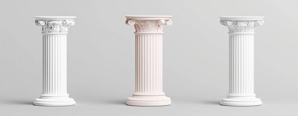 Obraz premium This set of four square, hexagon, and round white columns has a unique base and top design. It is designed in a realistic 3D style. It is designed for using in product displays or podiums. It is a