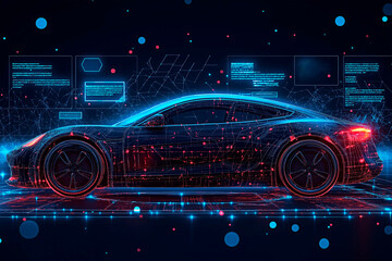 Digital futuristic car with glowing neon wireframe. Futuristic vehicle design with data and neon effects.