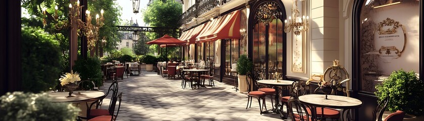 Fototapeta premium Parisian Cafe Patio with Ornate Details and Sun-Dappled Pavement