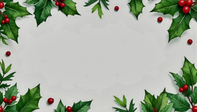 Festive Ostrolist, greenery and red berries frame for holiday-themed designs and invitations