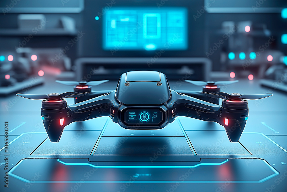 Poster high-tech drone in futuristic lab environment. concept of high-tech surveillance drone production in