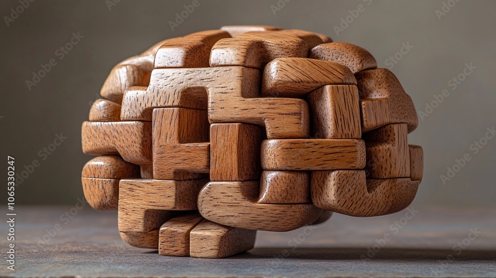 Poster a carved wooden brain model showcases intricate interlocking patterns, symbolizing creativity and in