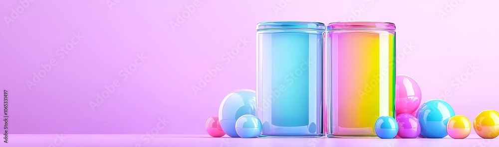 Poster an abstract fluid holographic background with transparent blur rectangular banners. a realistic 3d m