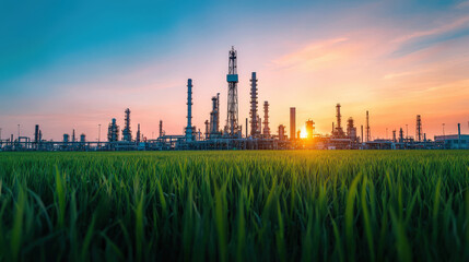 Fototapeta premium panoramic view of oil field in Texas swamp at sunset, showcasing industrial structures against vibrant sky and lush green grass
