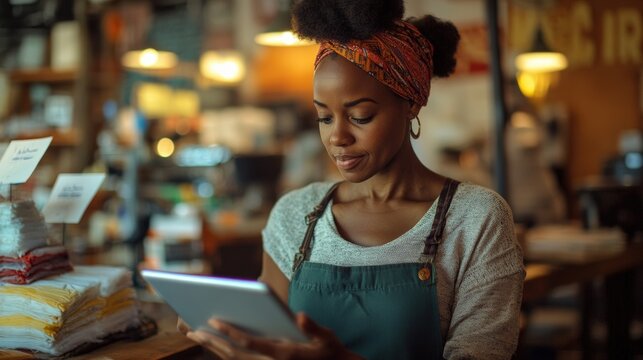 A woman wearing a turban is looking at a tablet