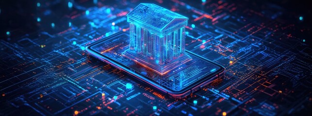 Futuristic holographic bank structure emerging from a smartphone surrounded by digital circuitry.
