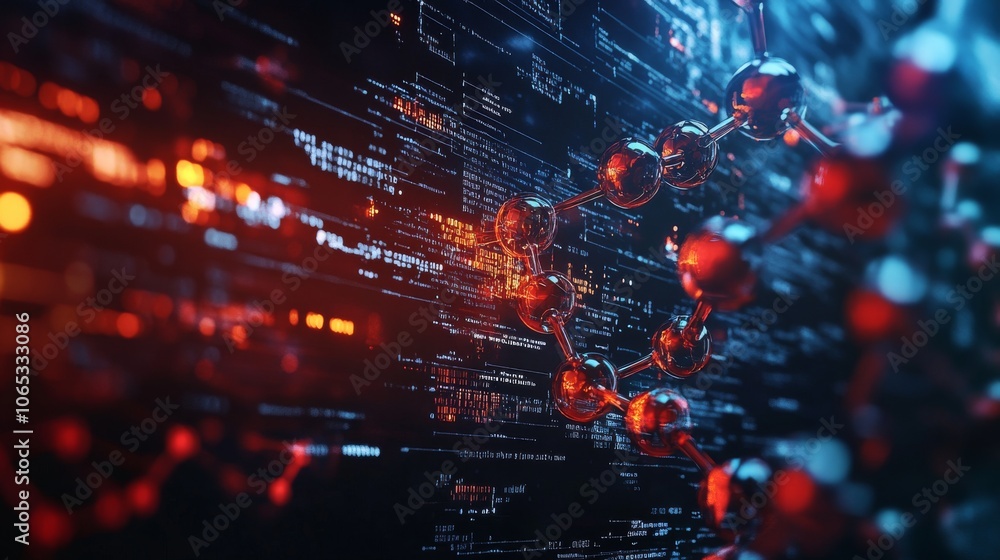Poster 3d molecular structure against digital code background