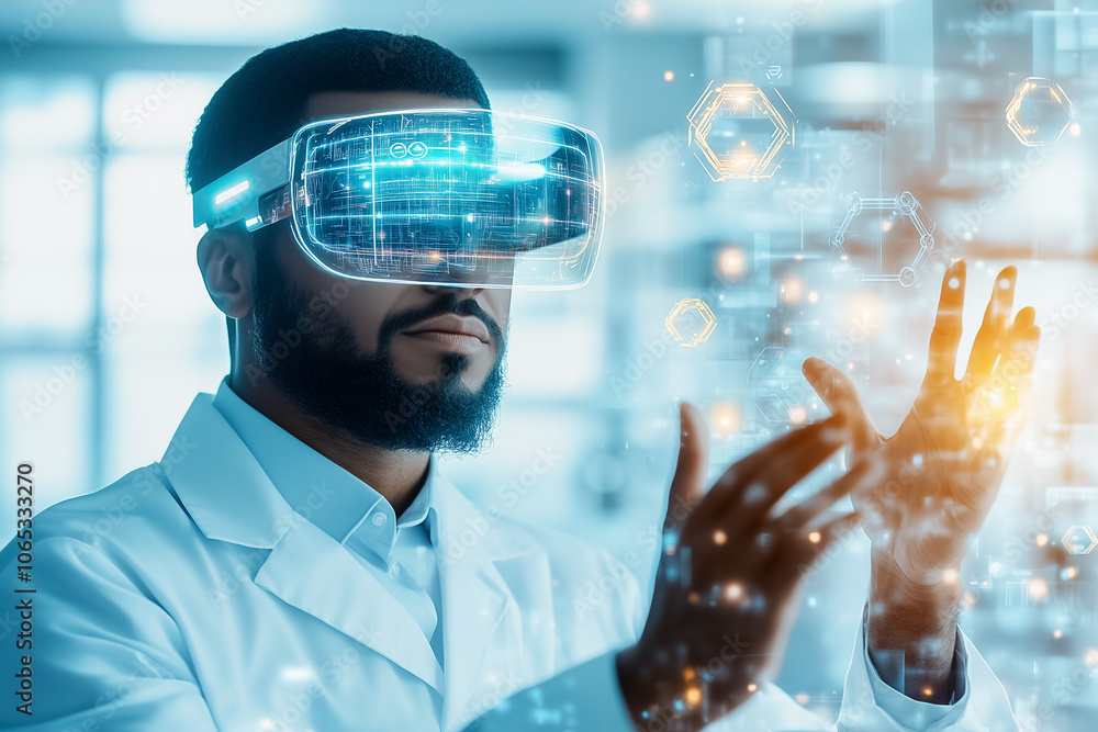 Aufkleber a scientist interacts with holographic data projections while wearing vr goggles in a cutting-edge l