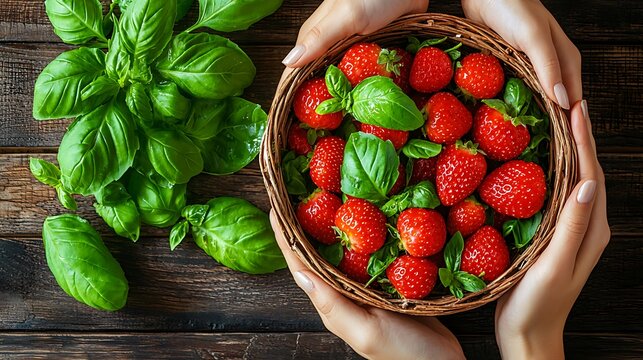 Fresh Strawberries in Basket Held by Hands