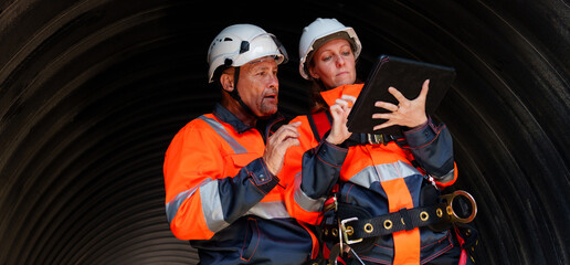 Female and male engineers work inside a large steel pipe. Workers build pipelines to transport oil,...