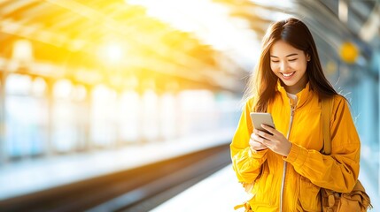 Young woman in a yellow jacket using her smartphone in a bright, modern space with sunlight streaming in.