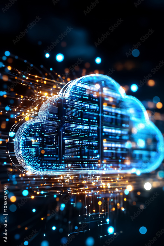Poster cloud graphic with vibrant data streams and binary code, symbolizing cloud tech and info sharing