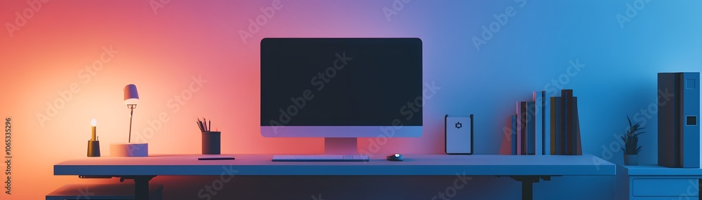 Poster Minimalist Desk Setup with Computer, Lamp, and Books