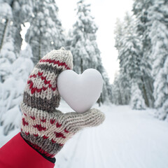 hand with knitted gloves is holding a frozen snow heart