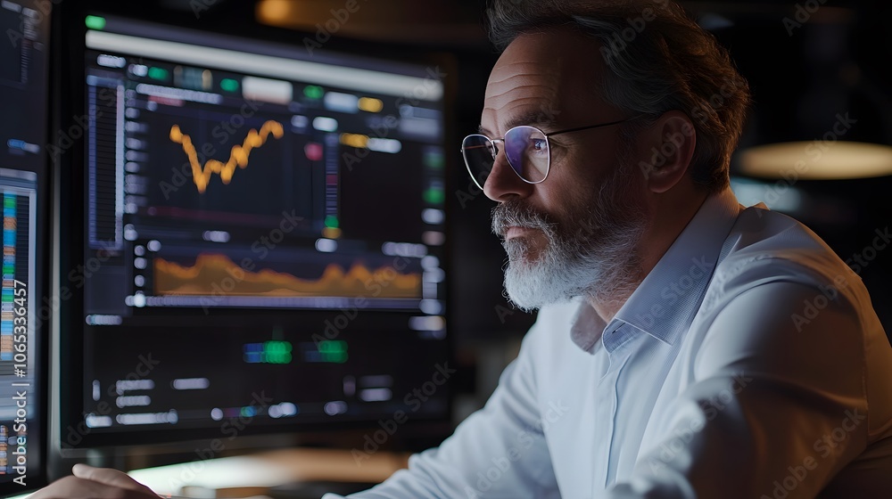 Poster Photography of a financial advisor analyzing a 3D stock market model with 2D performance graphs, blending investment analysis with visual tools, 4k resolution, Plain background