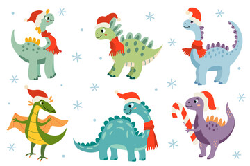Christmas set of vector illustration of a cute little dinosaurs in a flat style. Friendly and playful design is ideal for Xmas greeting cards, party invitations © Anna Druzhkova