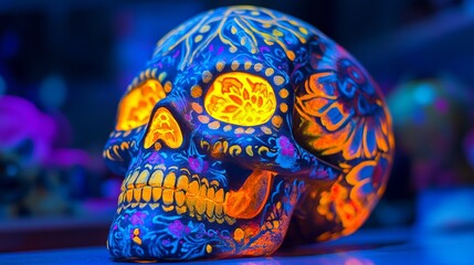 Naklejka premium A Neon-Painted Sugar Skull with Floral Designs