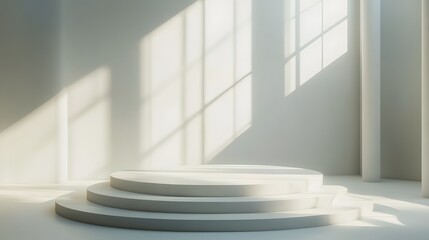 Fototapeta premium Empty white circle podium and window light blur on white wall, pedestal and platform, stand stage, column platform pillar, round empty stages and podium stairs 3d template for product presentation