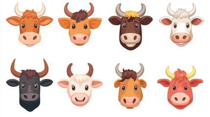 Fototapeta premium Set of farm animal heads, including a brown cow, suitable for postcards, packaging, textiles, and booklets.