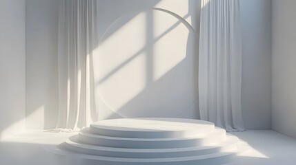 Obraz premium Empty white circle podium and window light blur on white wall, pedestal and platform, stand stage, column platform pillar, round empty stages and podium stairs 3d template for product presentation
