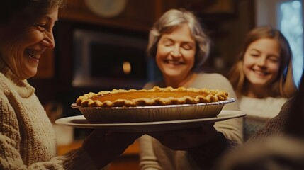Photography of a grandmother serving a freshly baked pumpkin pie to smiling family members, capturing the warmth of Thanksgiving traditions, 4k resolution, Plain background