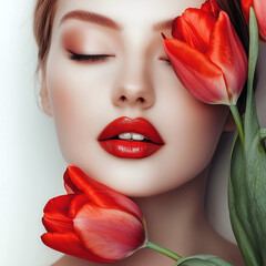 Minimalist close-up of a woman’s face, holding tulips against a soft background for a fresh and serene vibe.