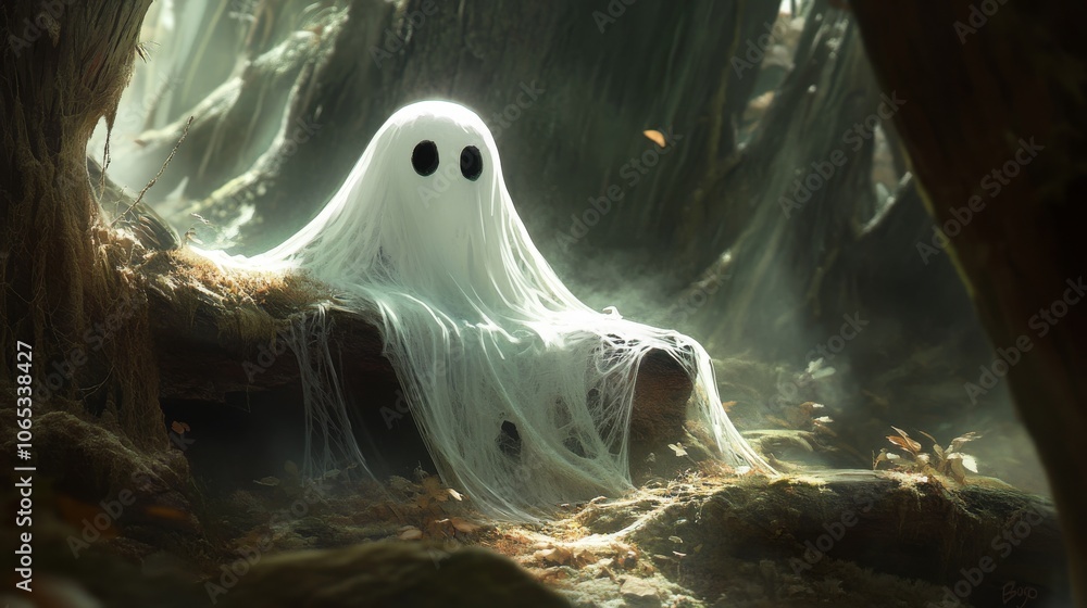 Aufkleber a ghostly figure resting on a log in a forest
