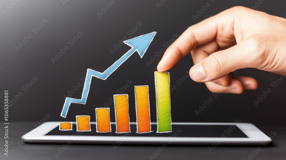 Poster hand interacting with tablet displaying virtual graph of growth, showcasing increasing bars and upwa