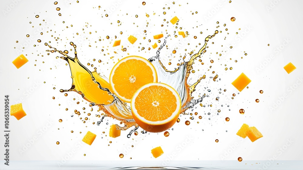 Poster sliced oranges and juice splash with floating cheese cubes