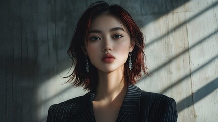Fototapeta premium Portrait Of An Elegant Asian Woman With Burgundy Hair And Stripe Blazer In Soft Lighting