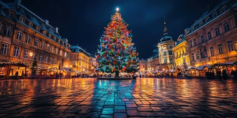Fototapeta premium Outdoor Christmas tree lighting with colorful lights illuminating a town square.