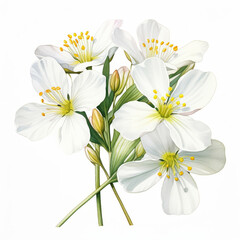Fototapeta premium Delicate White Flowers with Green Leaves on White Background