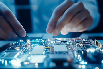 The technician skillfully adjusts components on a lit-up circuit board, showcasing expertise in electronic repair
