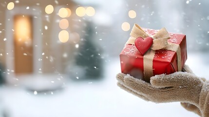 Logistic christmas new year concept. A person in mittens holds a beautifully wrapped red gift against a snowy backdrop, evoking a festive holiday spirit.