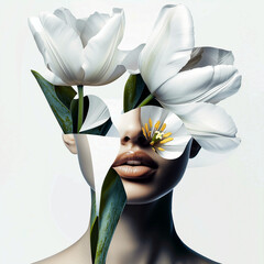 Side profile of a woman with white tulips, merging minimalism with elegance in a floral setting.