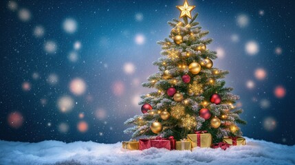 Beautiful Christmas Tree Decorated With Golden and Red Ornaments, Surrounded by Presents in Snowy Wonderland Setting