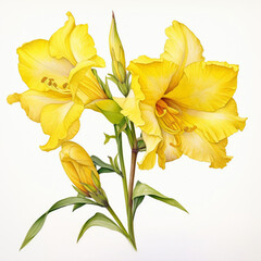 Obraz premium Bright Yellow Flowers with Green Leaves on White Background
