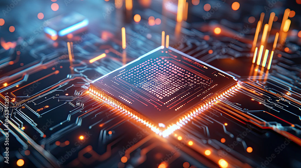 Poster futuristic technology circuit with glowing microchip and digital elements, showcasing advanced elect