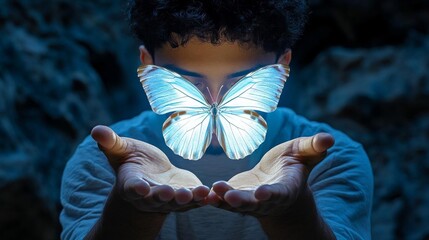 A young man releasing a butterfly from his hands, symbolizing personal growth and transformation, soft lighting, natural setting, hyperrealistic