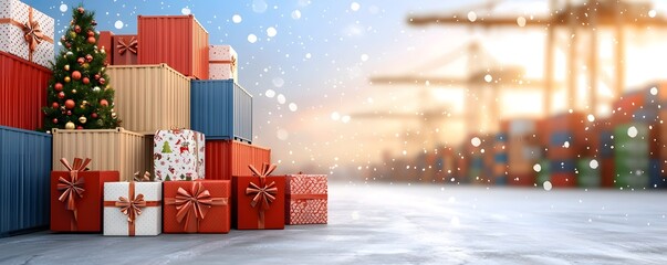A festive scene featuring colorful gift boxes stacked near a Christmas tree, with a backdrop of a port and cranes, evoking holiday cheer.